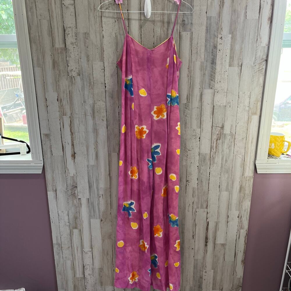 Vintage Cache Pink Large Flower Wide Leg Chiffon Jumpsuit Womens Size 4
